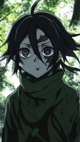 Anime character with dirt-marked face in forest setting.