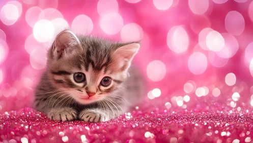 Tiny tabby kitten rests on sparkling pink glitter bokeh.