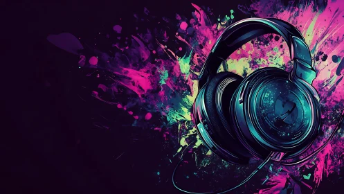 Over-ear headphones with neon paint splatter abstraction.