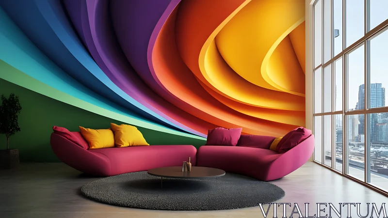 Interior shows curved sofas against layered rainbow feature wall