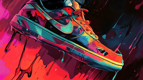 Neon sneaker drips vivid paint against dark abstract field