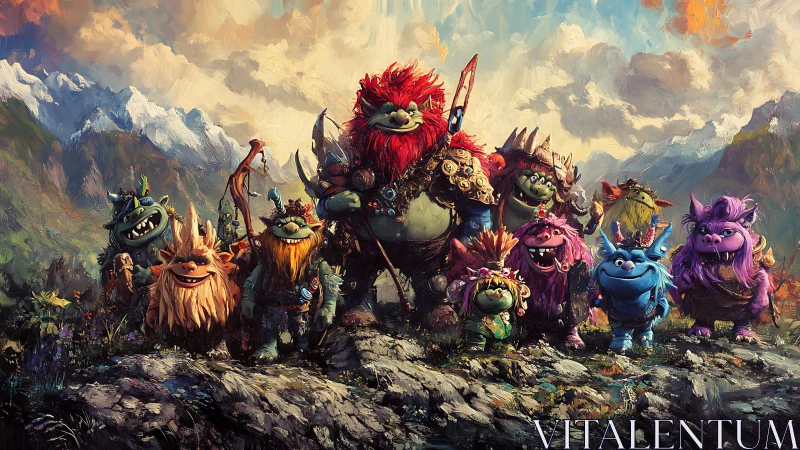 Group of colorful fantasy trolls on rocky mountain plateau.