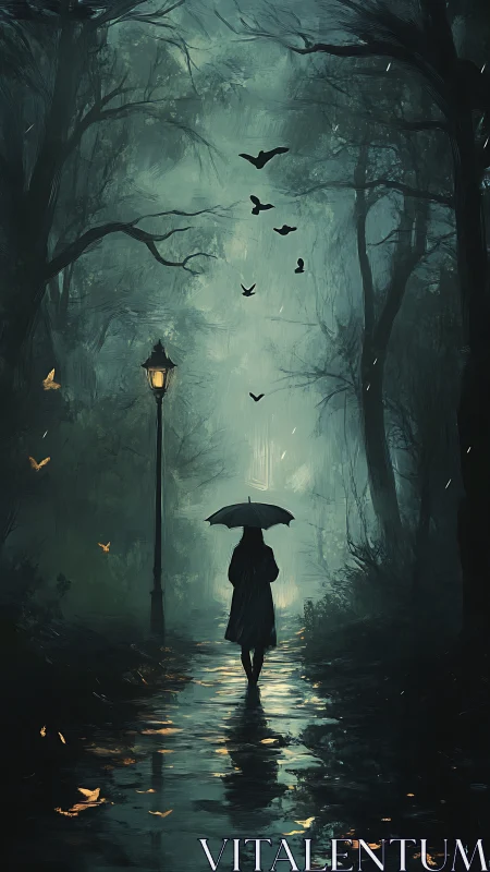 Umbrella wanderer crossing a moonlit, mist-soaked forest path.