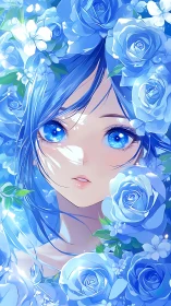 Iridescent blue haired anime girl framed by luminous roses