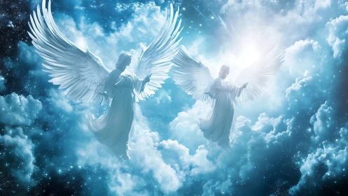 Radiant guardian angels ascend through luminous heavenly clouds.