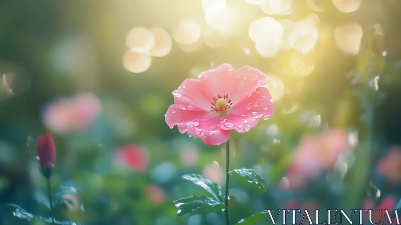 Pink cosmos flower with water droplets in shallow focus garden setting.