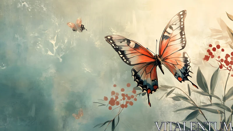 Butterfly wings carve coral light through a misty sky