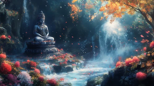 Serene Buddha statue beside luminous autumn waterfall
