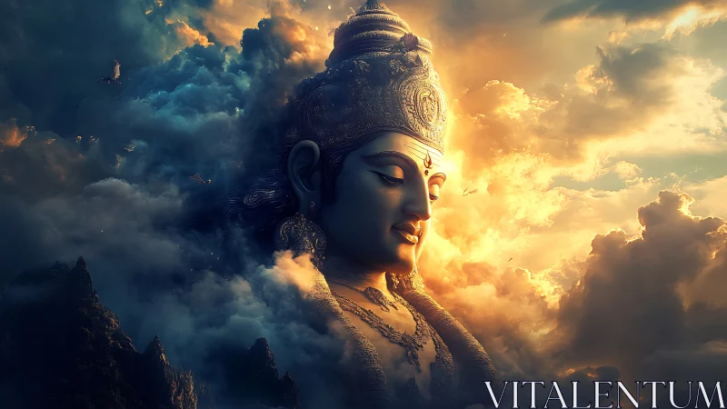 Colossal stone deity head emerges within illuminated clouds