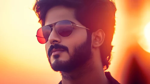 Sunset-lit portrait with reflective rose-tinted aviators.