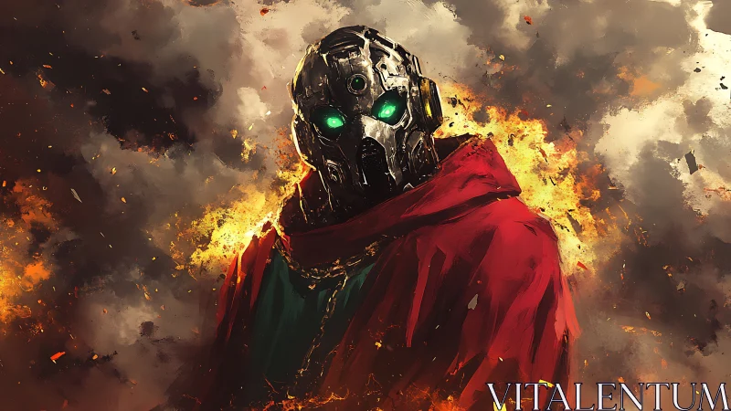 Cloaked cybernetic warrior emerges from blazing inferno.