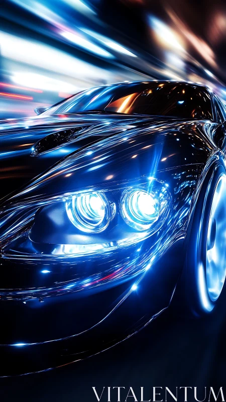Rendered sports car front view shows motion blur and light trails