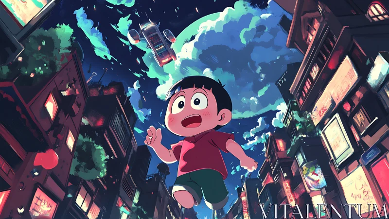 Boy soars over neon city under giant moonlit sky