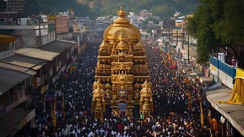 Golden temple chariot sails through a tightly packed city sea