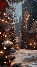 Gothic cathedral façade in illuminated winter solstice snowfall.