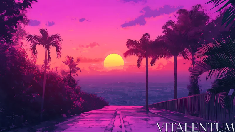 Neon tropic boulevard at sunset above hazy coastline.