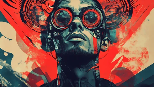 Male cyborg portrait framed by abstract red mechanical forms