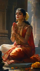 Woman in traditional attire praying in temple interior.