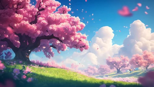 Vibrant stylized cherry blossom valley under volumetric daylight