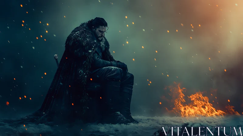 Brooding warrior kneels between drifting embers, ice and fire