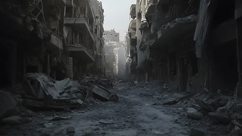 Bombed urban street lies in ruins under ashen daylight.
