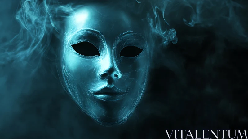 Volumetric cyan spectral mask emerging from turbulent vapor.