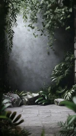 Stone courtyard corner with dense green foliage framing wall.