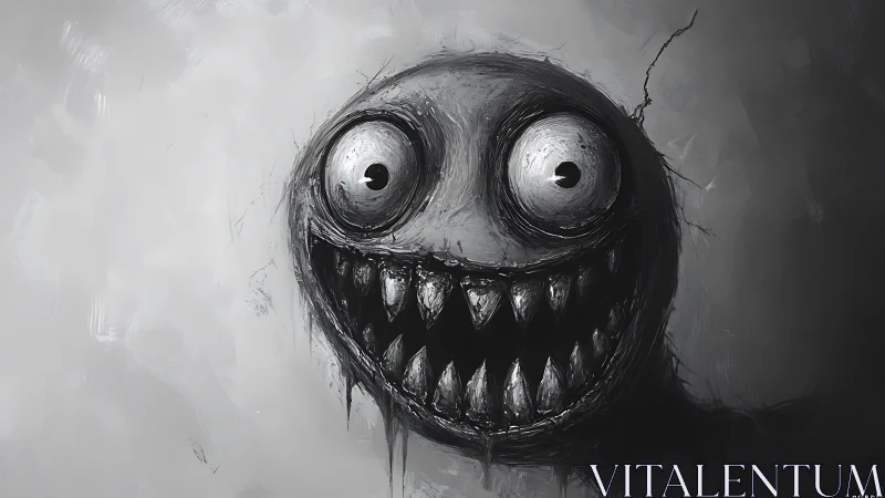 Grotesque wide eyed monster face with sharp jagged teeth