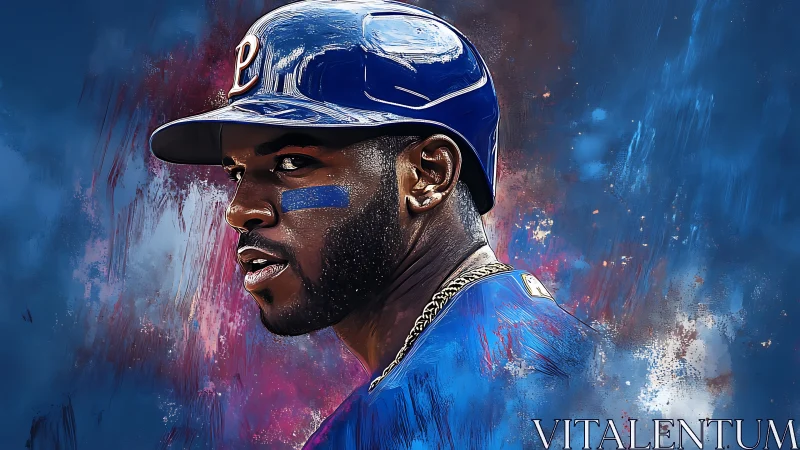 Digital portrait of baseball player in blue uniform profile.