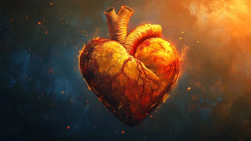 Anatomical heart rendered in luminescent red tones.