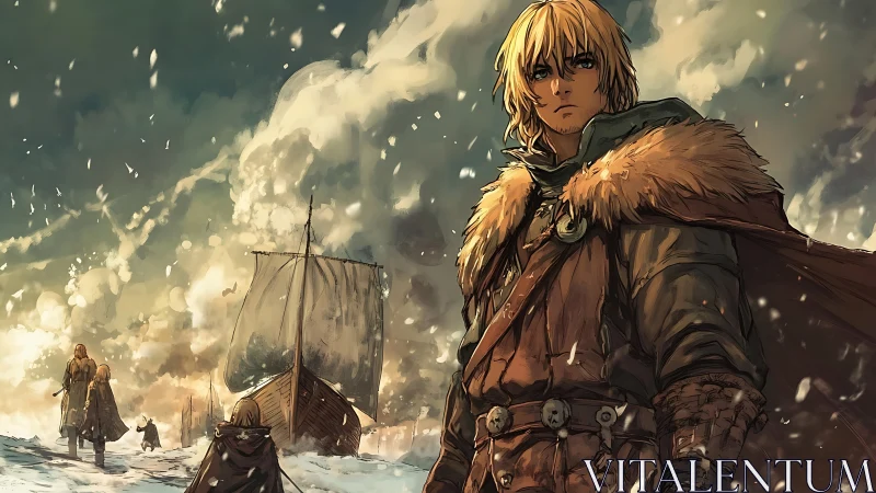 Snow-covered shoreline shows cloaked figures near a docked ship