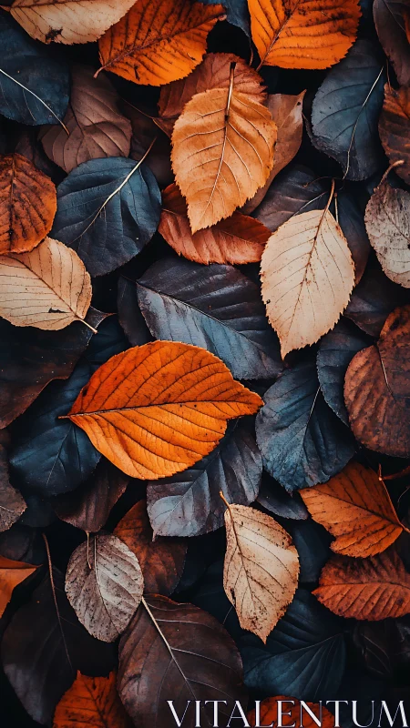 Autumn leaf macro pattern contrasts warm oranges with cool blues