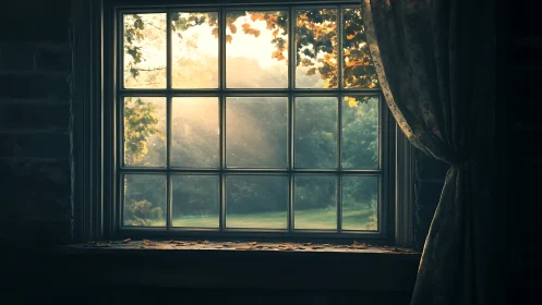 Golden sunrise through old cottage window frame.