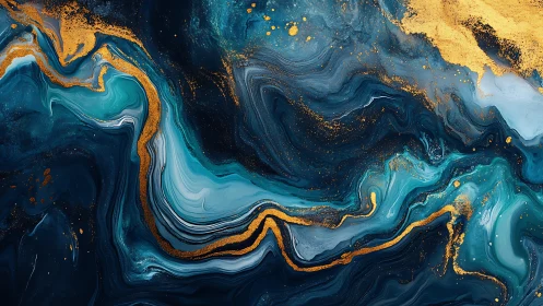 Abstract teal and gold fluid pattern flows across dark canvas