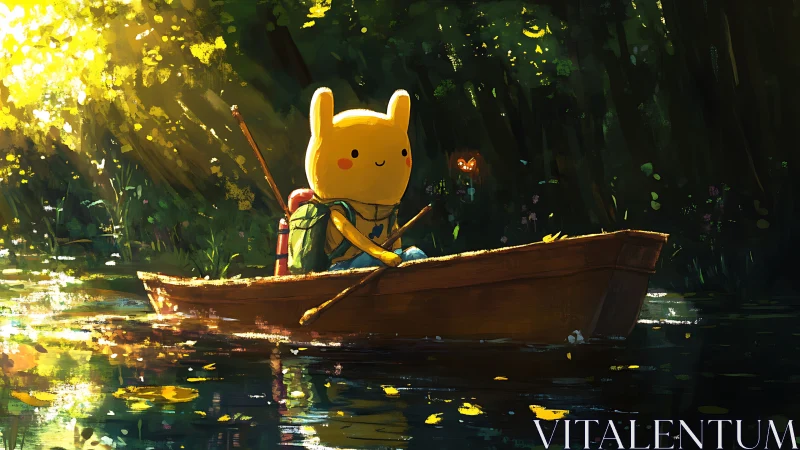 Cartoon rabbit figure rowing wooden boat on forest pond.