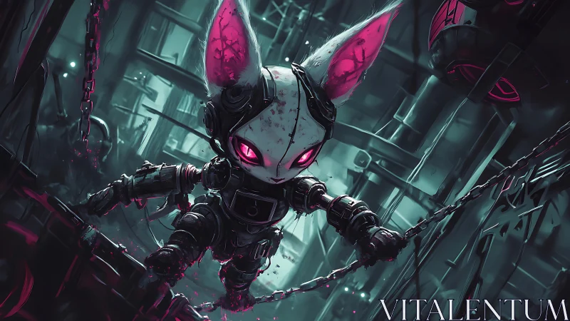 Cybernetic rogue rabbit in neon-industrial mech corridor.