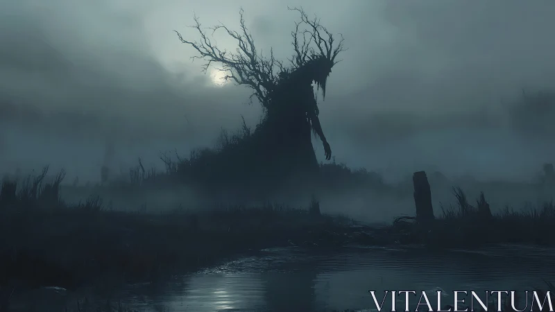 Dark marsh landscape with looming twisted tree figure.