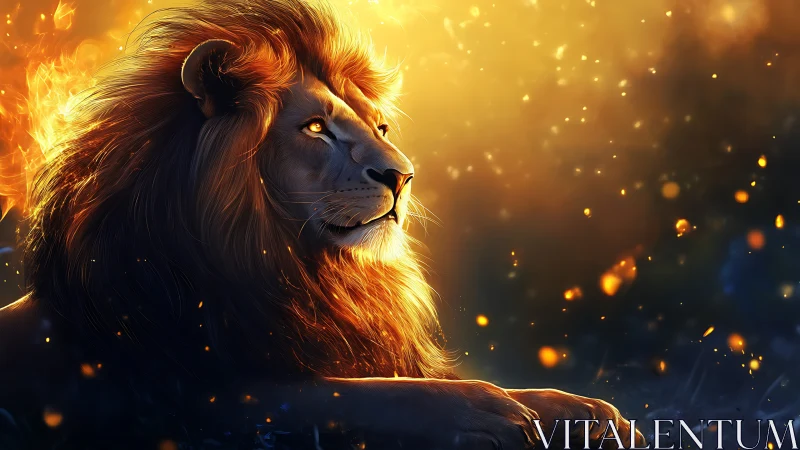 Digital painting of regal lion in ember-lit atmospheric glow.
