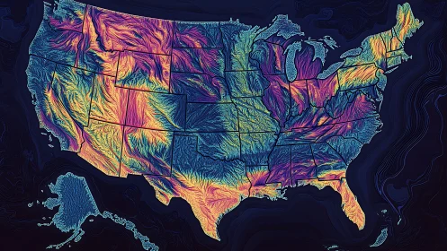 United States elevation map glows with neon relief gradients.