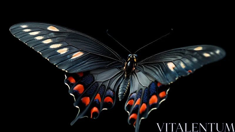 Midnight swallowtail hovers like lacquered living jewelry