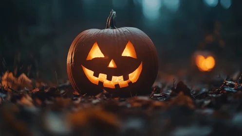 Glowing jack o lantern smiling warmly in a dusky forest.
