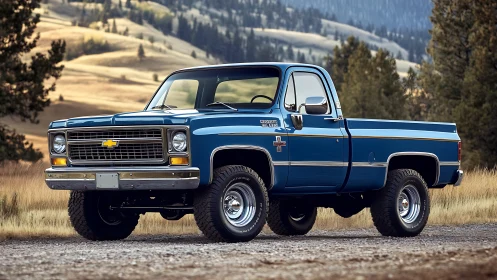Photorealistic classic Chevy pickup in pastoral landscape setting.