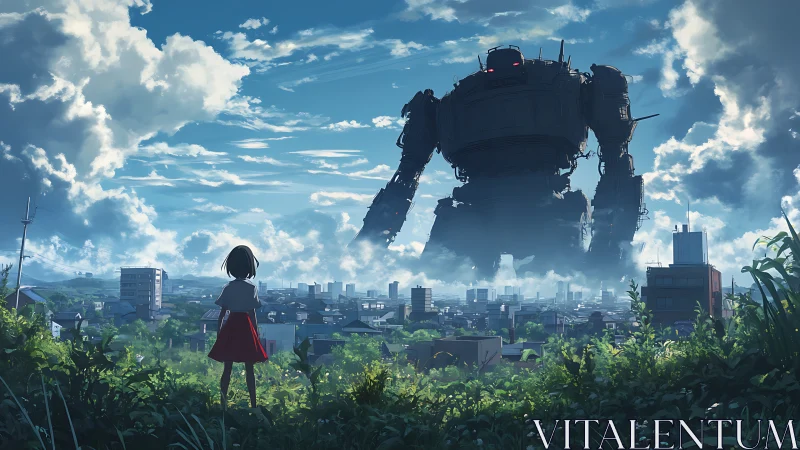 Girl observing large robot above city under bright sky.