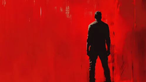 Solitary silhouette confronts a vast, intense red void