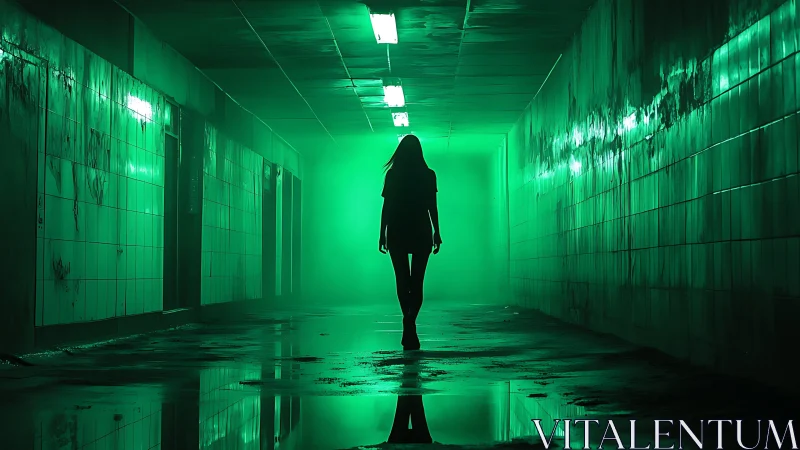 Silhouetted figure walking through green lit tunnel corridor.