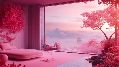 Blush horizon retreat with sakura dreams and misty pagoda.