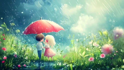 Two Children Share a Red Umbrella in Rainy Flower Garden