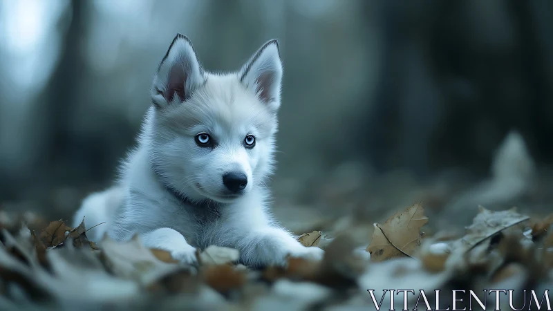 Blue-eyed husky puppy resting on autumn forest leaf litter