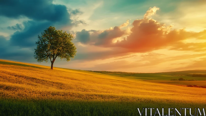 Digital painting landscape with lone tree and golden field.