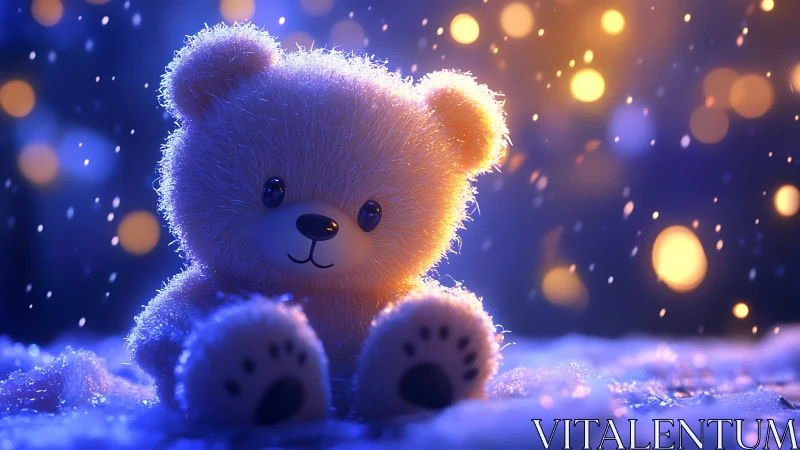 Furry plush teddy bear in snowy night bokeh illumination